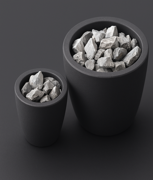 Zwei schwarze Labortiegel mit groben Rohstoffstücken – Symbolbild für Seltenerdmetalle bei PROJECTOR Germany