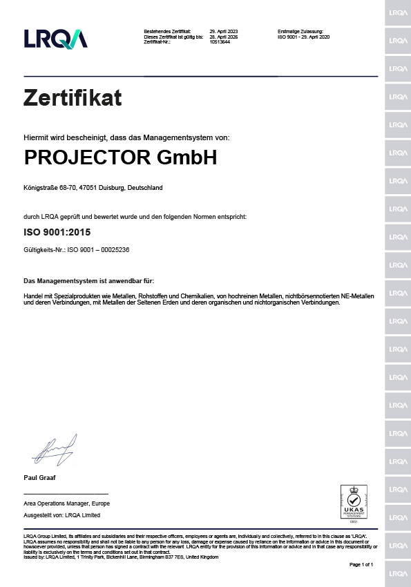 ISO 9001:2015 Zertifikat der PROJECTOR GmbH für Qualitätsmanagement im Rohstoffhandel